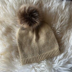 Toddler Brown Knit Beanie with Faux Fur Pom